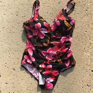 Full coverage pink lily print swimsuit